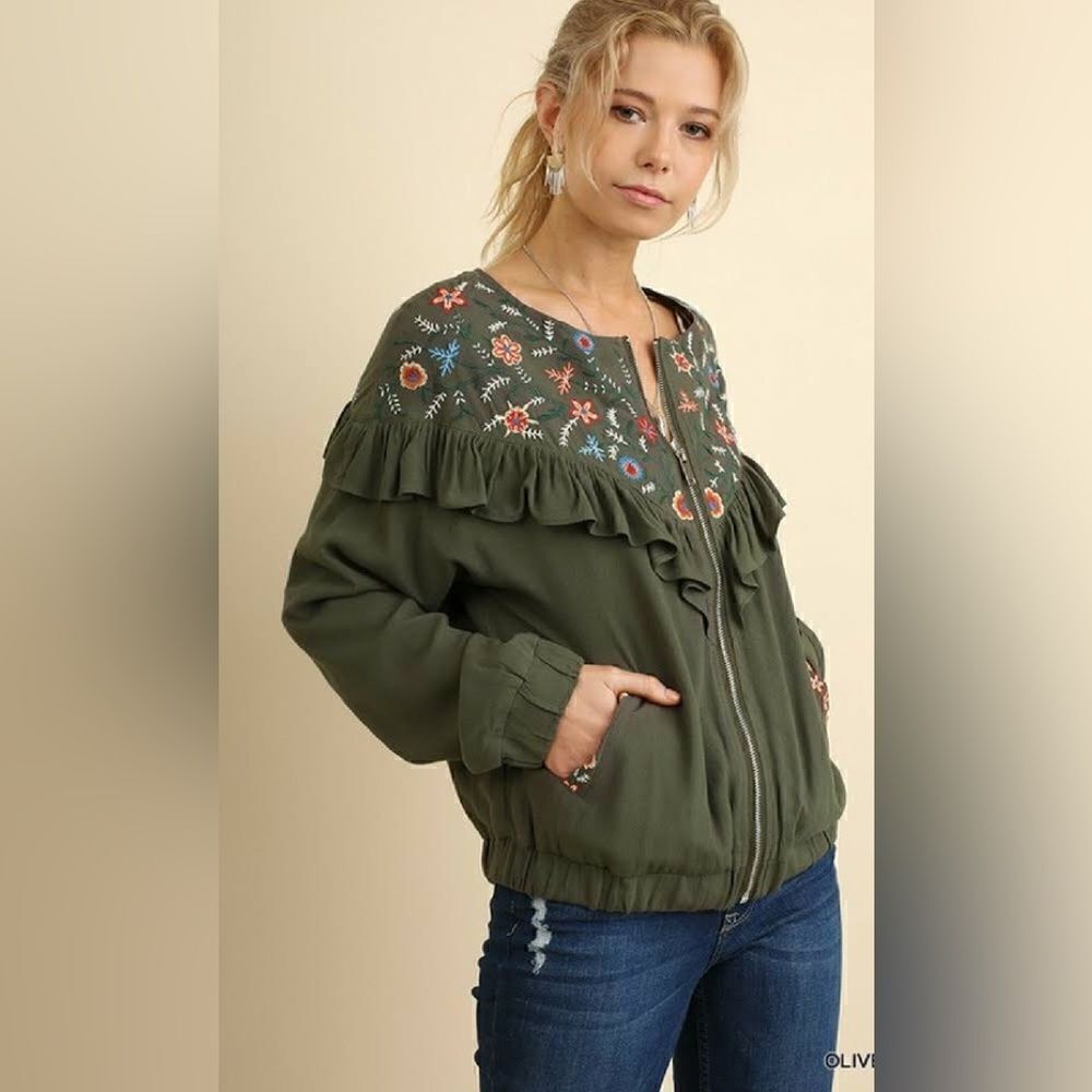 UMGEE Ruffled Zipper Front Jacket with Floral Embroidered Detail Medium